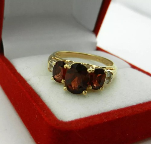 3Ct Oval Cut Red Garnet Three Stone Women's Engagement Ring 14K Gold Plated - Picture 2 of 6