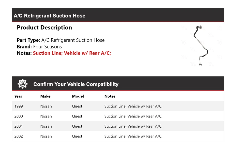 Manguera de succión de refrigerante aire acondicionado Nissan Quest 1999-2002 4 estaciones 2000 2001 Foto 2 de 4