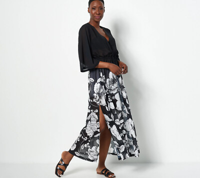 NWT Jantzen 1X 3/4-Sleeve Woven Maxi Duster Cover-Up in Black Floral QVC 7546