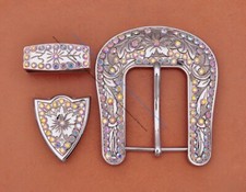 Huge Big Western Cowboy Rhinestone 3 PCS Set Leather Belt Buckle Fit 40mm Strap