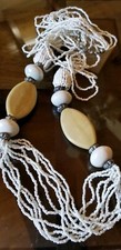 Beaded and ceramic necklace neutral cream beige beads16 in long stylish retro