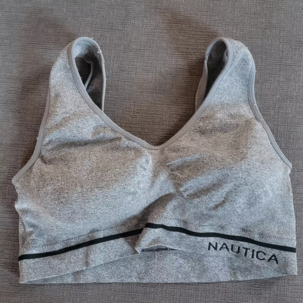 Nautica Gray Thick Strap Padded Logo Graphic Sports Lounge Bra For