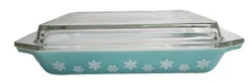 Vtg Pyrex Turquoise Snowflake 1 1/4 Qt Rectangular Casserole Dish w/Lid 2161 EUC