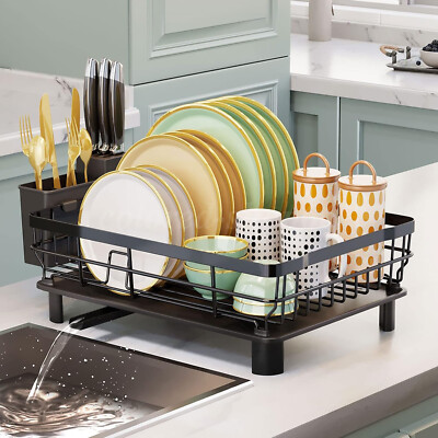 Anti-Rust Dish Drainer Drying Rack with Removable Drip Tray and Cutlery  Holder