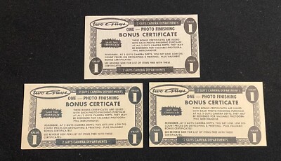 LOT OF 3 Two Guys Department Stores Vintage Camera Photo Finishing Certificate