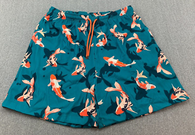 Koi Fish Board Shorts with Compression Mens Size Large Green Orange Drawstring
