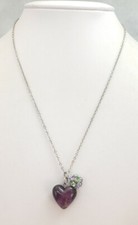 Purple Art Glass Heart Pendant Rhinestone Cluster Silver Tone Metal Necklace