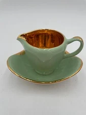 Vintage Figgjo Flint Norway Green & Gold Gravy Boat Saucer MCM