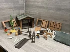 Vintage Playmobil Western Ranch Stable Barn Green Roof 3 Figures Horses Cow