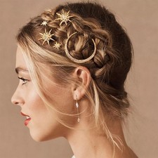 Moon Star Gold Crystal Hair Clips - Celestial Hair Pins Women/Girls 3-Pack