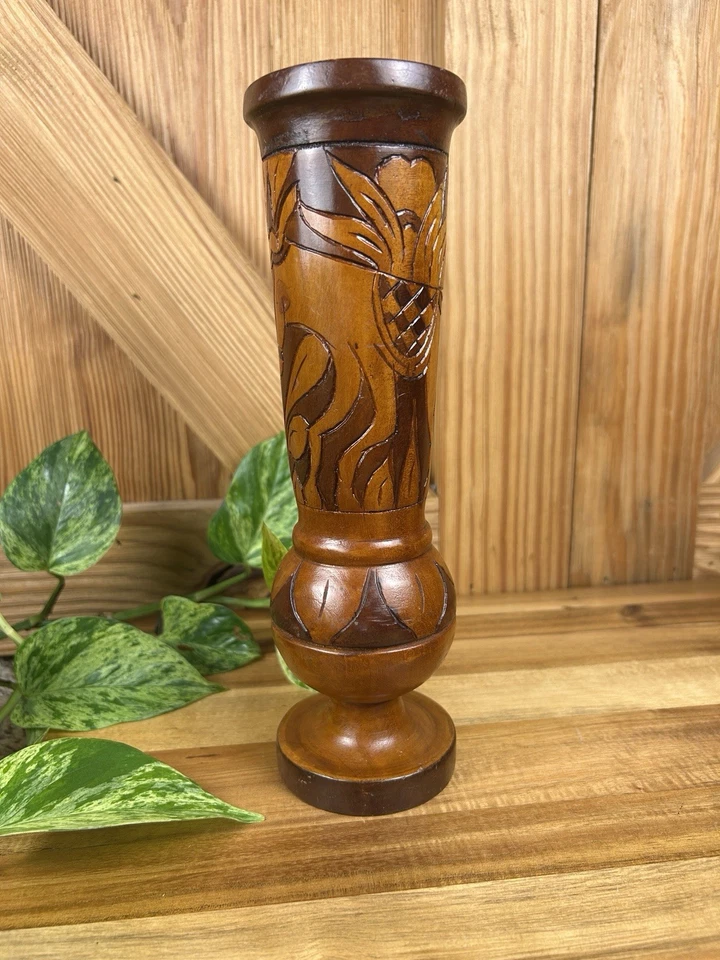 Vaso de madeira vintage boho esculpido à mão 10” rústico boho tribal arte folclórica decoração - Imagem 2 de 4