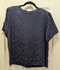 Silk Land Womens 100 Silk Floral Jacquard Short Sleeve Blouse Navy Blue Sz S