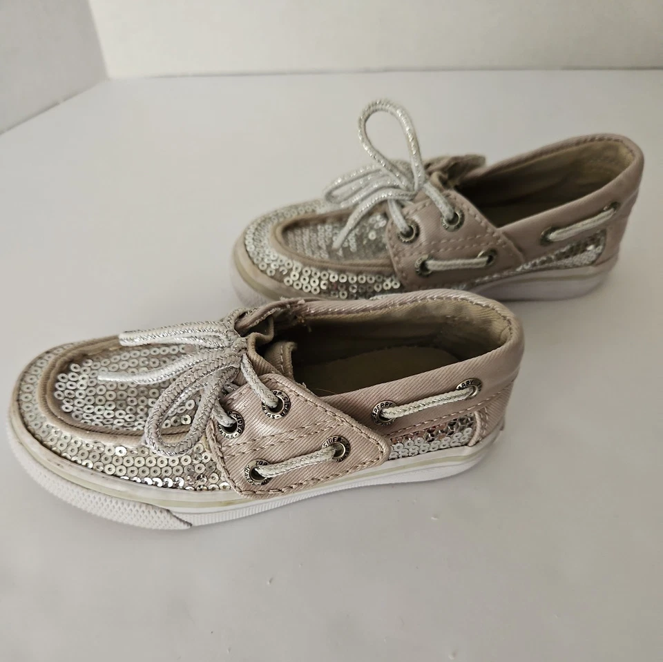 Zapatos de barco Sperry Top Siders para niñas pequeñas talla 6,5 M beige con lentejuelas Foto 3 de 4