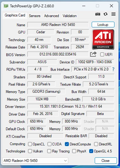 Asus AMD HD 5450 noiseless, Low Profile Graphics Card - Image 4 of 4