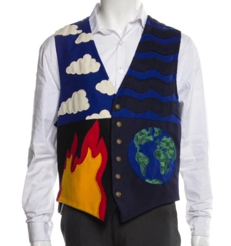 US 44 Lg MOSCHINO CHEAP &CHIC Men Earth Fire Water Wool-Felt Appliqué Vest *FLAW - product listing photo