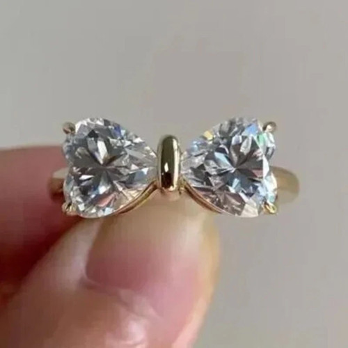 2Ct Heart Simulated Diamond Women's Bow Engagement Ring 14K Yellow Gold Plated - Picture 2 of 5