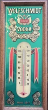 VINTAGE ADVERTISING WOLFSCHMIDT VODKA GLASS FRAMED BAR TAVERN THERMOMETER