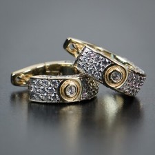 Fully Iced Two Tone Gold Plated Sterling Silver Men's Huggie Small Hoop Earrings