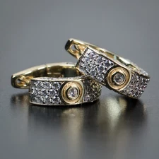 Fully Iced Two Tone Gold Plated Sterling Silver Men's Huggie Small Hoop Earrings