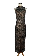 Forever 21 Contemporary Tan w Black Lace Long Dress High Neck Sleeveless Medium