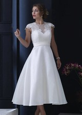 V Neck Short Wedding Dresses Cap Sleeve Appliques Satin Bridal Gowns Tea Length