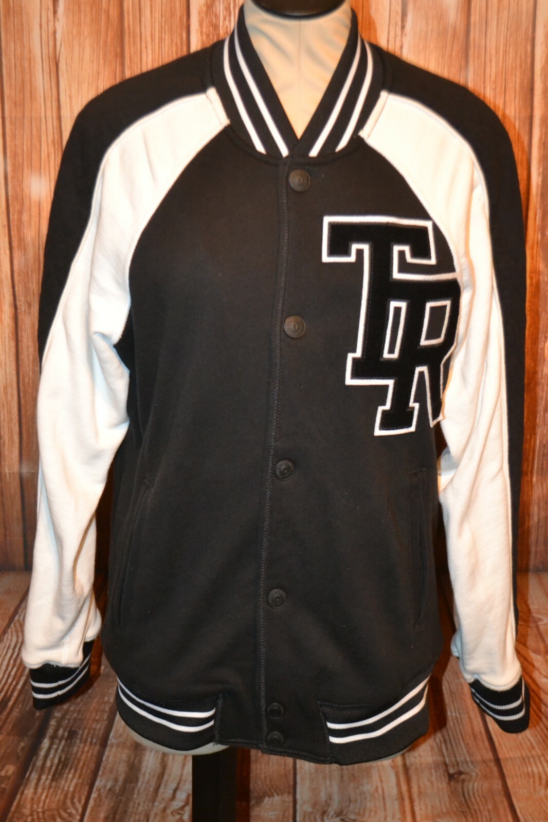 True Religion Women's Black White Snap Button Lettermans Varsity Jacket Sz S