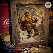 Vintage Sasquatch Bigfoot Art Print Snow Skiing Artwork Ski Lodge Decor  Gift