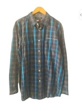 Vtg Tommy Jeans Shirt Mens L Blue Plaid Button Up Pockets Long Sleeve Cotton