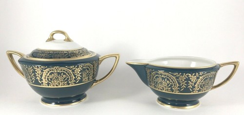 Royal Cathay China LAUREL MAGNOLIA CREAMER & SUGAR BOWL w/LID Green Gold 1950 - Picture 4 of 11