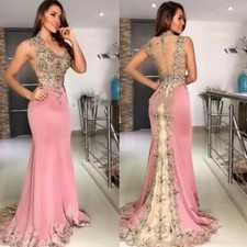 Pink Mermaid Evening Dresses Sweep Train Lace Appliques Beaded Prom Party Dress
