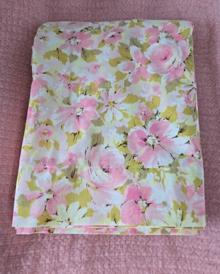 Vintage Grants Fashions Home Twin Sheet Flat Pink Flowers 70s MCM Muslin Grannie