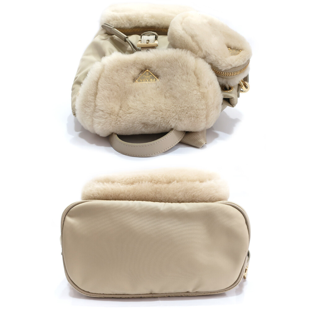 Prada Re-Nylon Shearling Backpack Rucksack 1Bz074 Nylon Sand