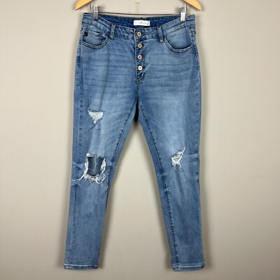 KanCan Jeans Womens 11/29 Blue Girlfriend Mid Rise Distressed Denim Button Fly