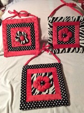 SET OF 3 PINK AND BLACK POLKA DOT FLOWERS ZEBRA PRINT WALL NURSERY