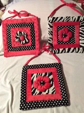 SET OF 3 PINK AND BLACK POLKA DOT FLOWERS ZEBRA PRINT WALL  NURSERY 