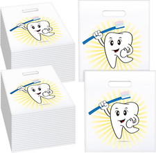 300 Pack Tooth Design Plastic Dental Bags with Handles 8x9 Inch Cute
