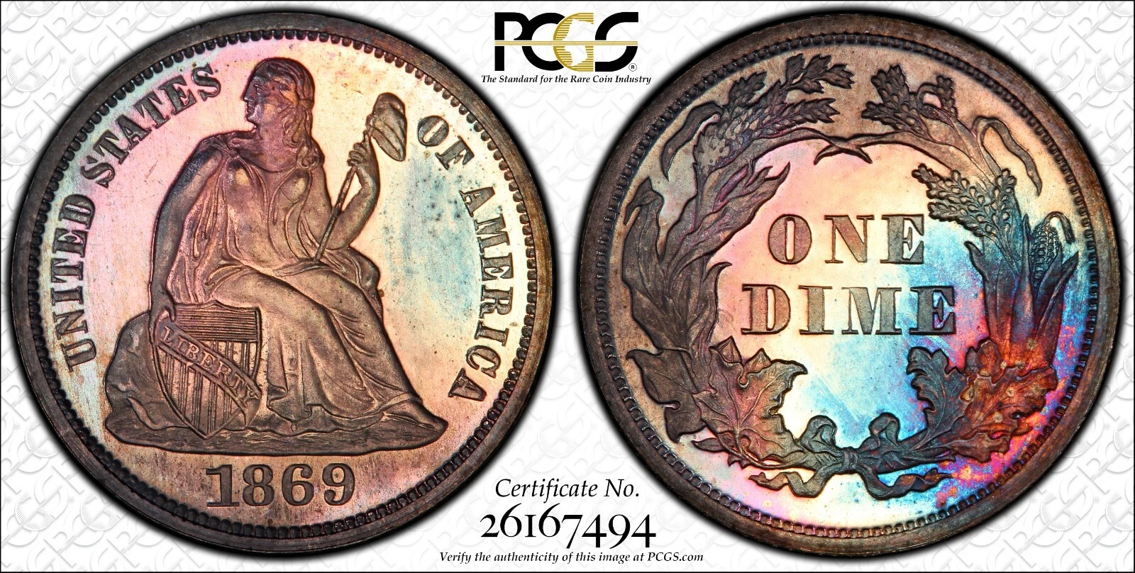 1869 10c🧿Sole Finest Known🧿PCGS PR-67+CAM; GORGEOUSLY TONED Seated Proof Dime.
