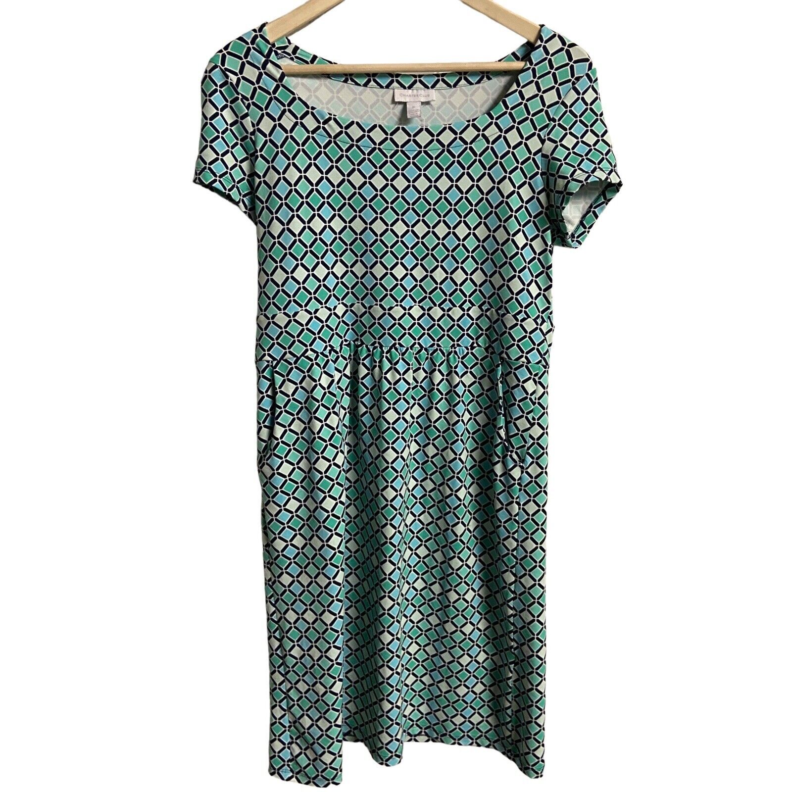 Charter Club Sheath Dress Womens 8 Green Blue Pull On Geometric Knee Length
