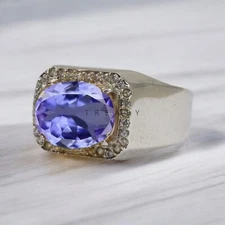 Tanzanite Oval Cut Gemstone With 925 Sterling Silver Ring For Men's #A141