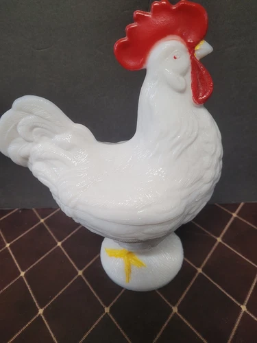 Vintage WESTMORELAND Milk Glass Standing Rooster Covered Dish - Yellow Feet - 9"