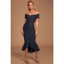 LULUS How Much I Care Midnight Blue Off-the-Shoulder Ruffle Midi Dress Medium