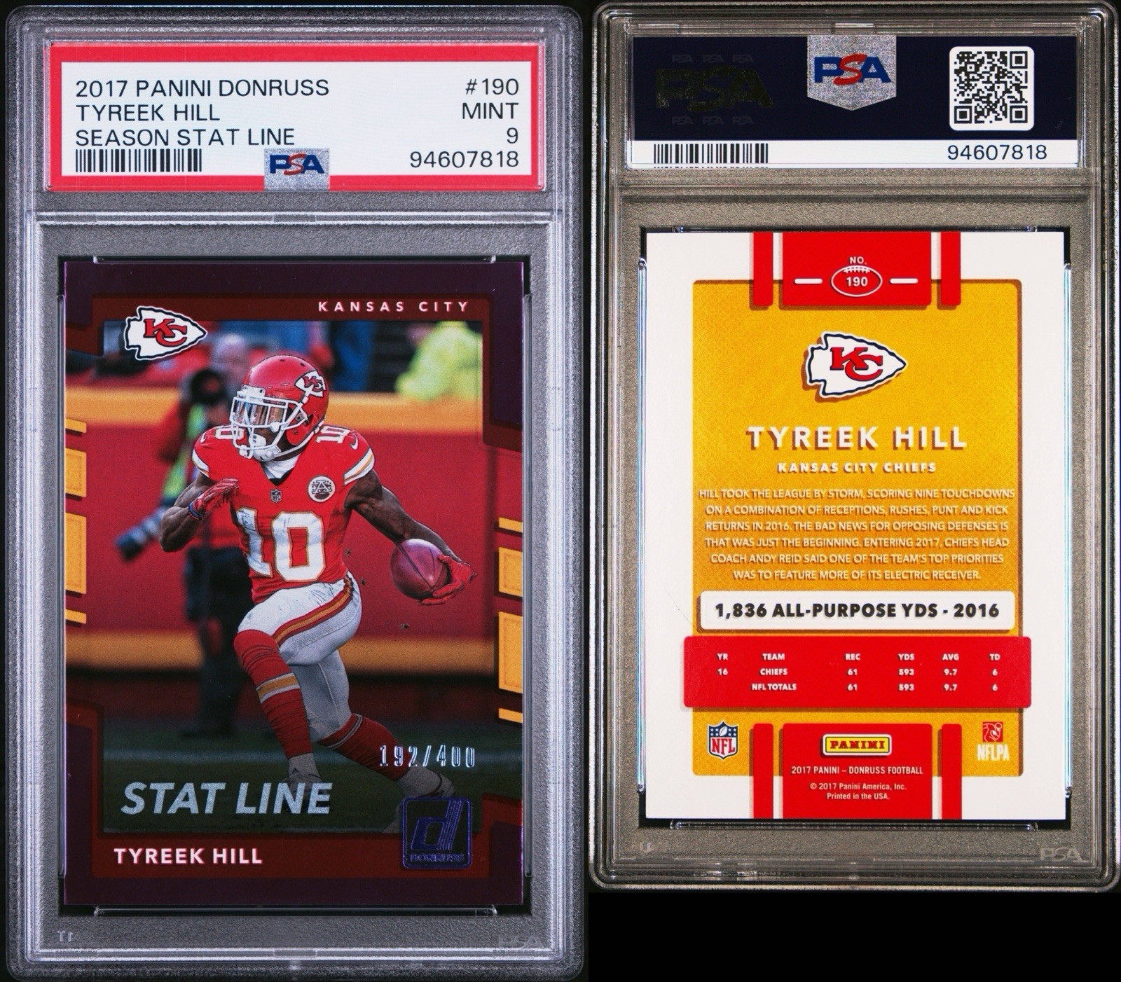 2017 Panini Donruss Tyreek Hill Season Stat Line 192/400 #190 PSA 9 view 3