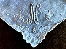 MADEIRA White Linen Handmade 12" Handkerchief - "N" Iniitial