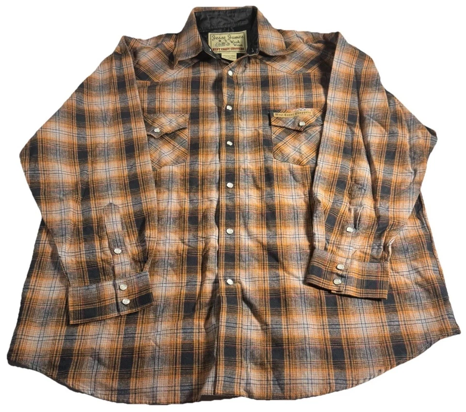 复古 Jesse James West Coast Choppers 工装 XL 骑行衬衫 珍珠 Snap 棕色 — 第 2/4 张图片