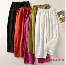 Women's Linen Cotton Straight Leg Summer Breathable Pants Pockets Trousers New