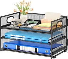 3 Tier Paper Letter Tray Organizer for Desk, Black Metal Mesh Desk File Folder S