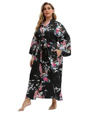 Womens Silk Plus Size Satin Robes - Black Floral Long Dressing Gown, 4XL/5XL