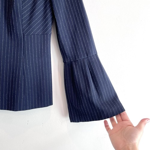 Etcetera Women’s 4 Pinstripe Bell Sleeve Top 2PC Skirt Suit Set Blue Gray - Picture 6 of 21