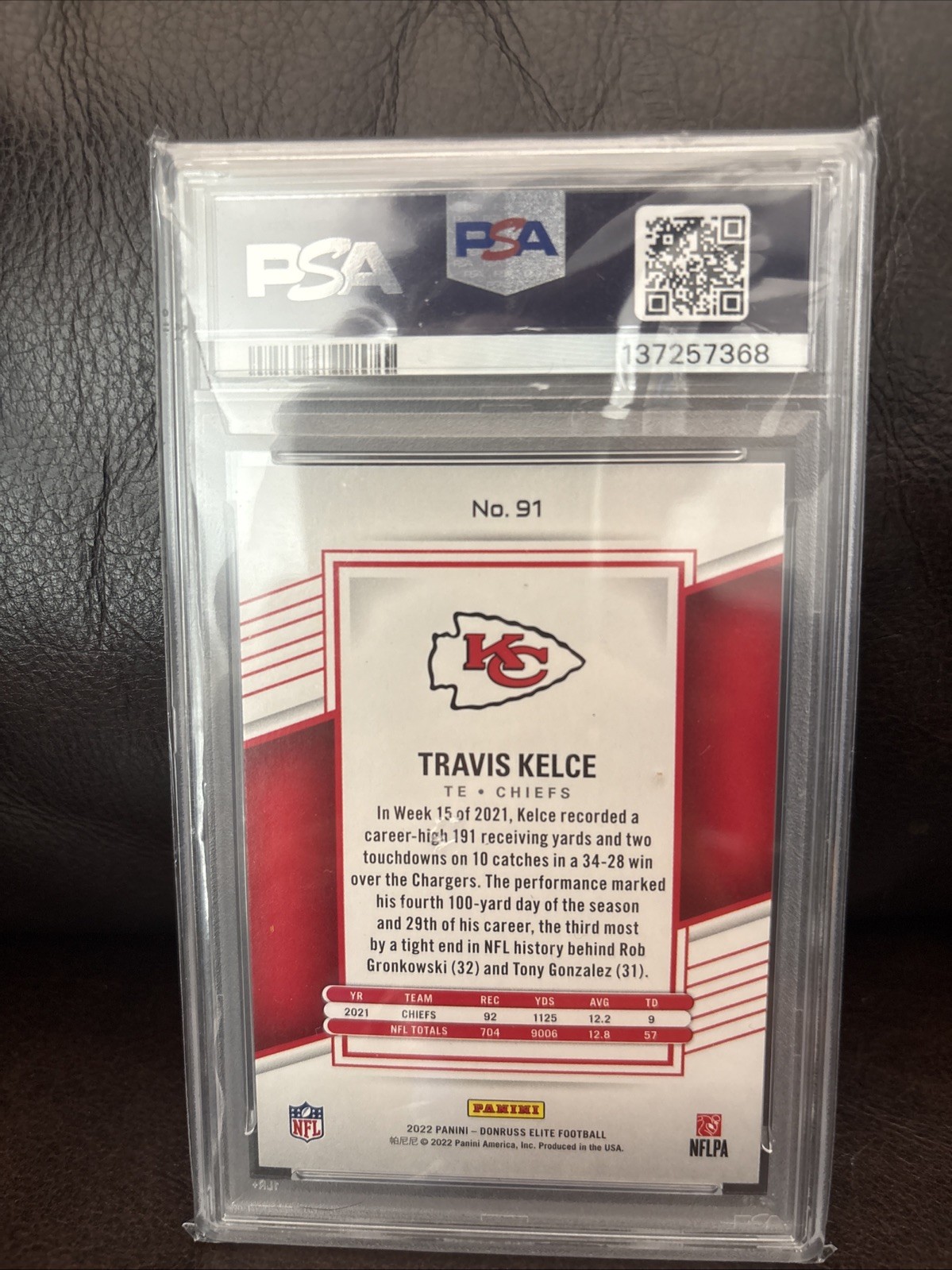 2022 Donruss Elite Travis Kelce Orange #91 Mint Psa 9 /49 view 2