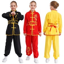 Kids Martial Art Kung Fu Suit Long Sleeve Dragon Embroidery Tops with Pants